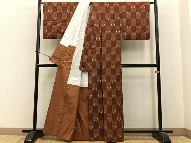 平和屋着物■上質な紬 市松あられ文様 正絹 逸品 BAAY6132hj