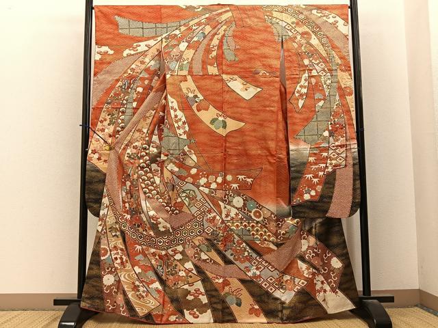 平和屋着物●豪華振袖 駒刺繍 束ね熨斗御所車花文 暈し染め 金彩 正絹 逸品 BAAY6180hj