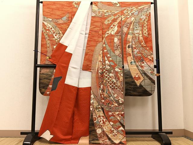 平和屋着物●豪華振袖 駒刺繍 束ね熨斗御所車花文 暈し染め 金彩 正絹 逸品 BAAY6180hj