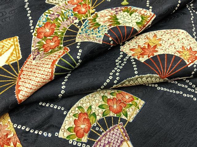平和屋着物■上質な小紋 扇面花文 濃紺地 金彩 西武百貨店扱い 正絹 逸品 BAAY6187hj