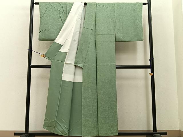 平和屋着物■上質な色無地 辻が花地紋 山葵色 正絹 逸品 BAAY6259hj