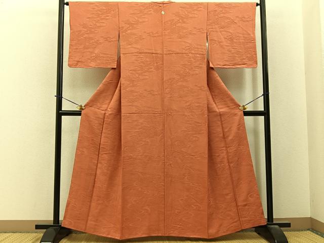 平和屋着物■上質な色無地 立波地紋 柿色 正絹 逸品 BAAY6275hj
