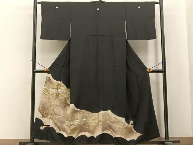 平和屋着物■豪華黒留袖 刺繍 双鶴紐文 金彩 正絹 逸品 BAAY6289hj