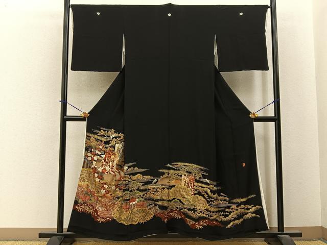 平和屋着物■豪華黒留袖 作家物 駒刺繍 松竹梅 御所車花文 金銀彩 正絹 逸品 BAAY6302hj