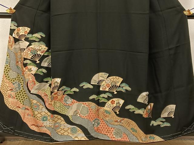 平和屋着物■豪華黒留袖 訪問着 扇面花文 金彩 正絹 逸品 未使用 BAAY6309hj