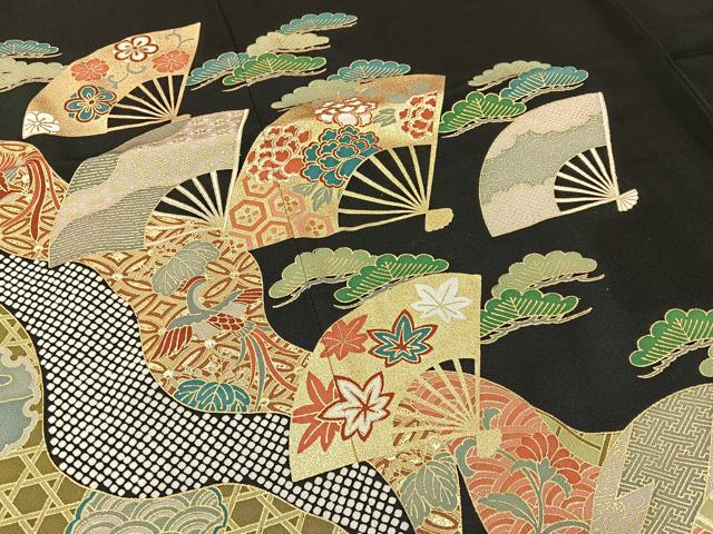 平和屋着物■豪華黒留袖 訪問着 扇面花文 金彩 正絹 逸品 未使用 BAAY6309hj