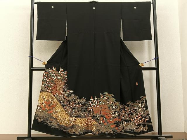 平和屋着物■豪華黒留袖 作家物 駒刺繍 御所車流水花文 金彩 正絹 逸品 BAAY6311hj