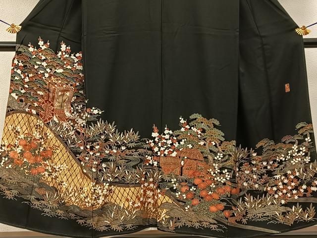 平和屋着物■豪華黒留袖 作家物 駒刺繍 御所車流水花文 金彩 正絹 逸品 BAAY6311hj
