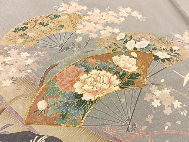 平和屋着物■訪問着 作家物 駒刺繍 飛鶴扇面花文 金彩 正絹 逸品 BAAY6334hj