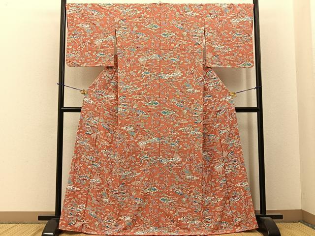 平和屋着物■上質な小紋 型染め 扇面風景花文 正絹 逸品 未使用 BAAY6350hj