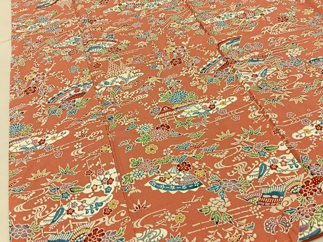 平和屋着物■上質な小紋 型染め 扇面風景花文 正絹 逸品 未使用 BAAY6350hj