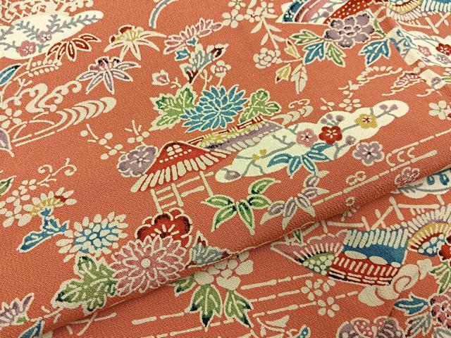 平和屋着物■上質な小紋 型染め 扇面風景花文 正絹 逸品 未使用 BAAY6350hj