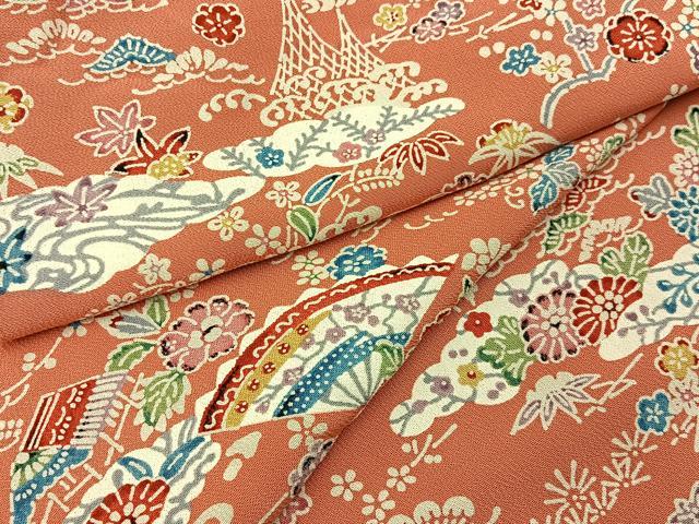平和屋着物■上質な小紋 型染め 扇面風景花文 正絹 逸品 未使用 BAAY6350hj