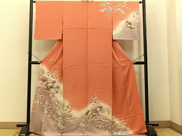 平和屋着物■訪問着 檜扇花文 暈し染め 金彩 正絹 逸品 BAAY6364hj