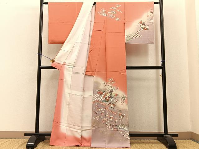 平和屋着物■訪問着 檜扇花文 暈し染め 金彩 正絹 逸品 BAAY6364hj