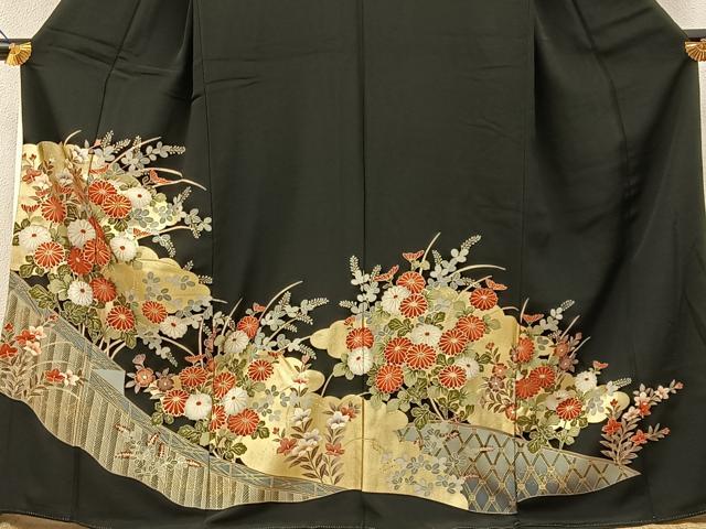 平和屋着物■豪華黒留袖 駒刺繍 秋草文 金彩 正絹 逸品 BAAY6374hj