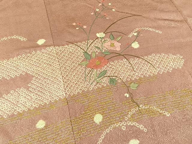 平和屋着物■訪問着 絞り 刺繍 椿 金銀彩 正絹 逸品 BAAY6378hj