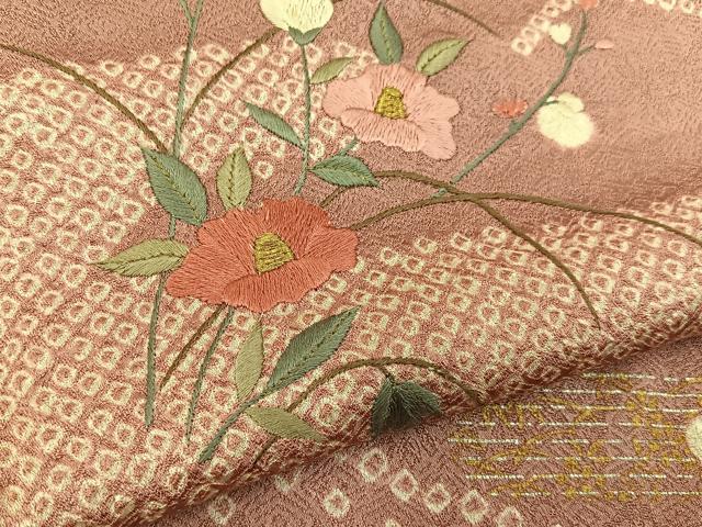平和屋着物■訪問着 絞り 刺繍 椿 金銀彩 正絹 逸品 BAAY6378hj