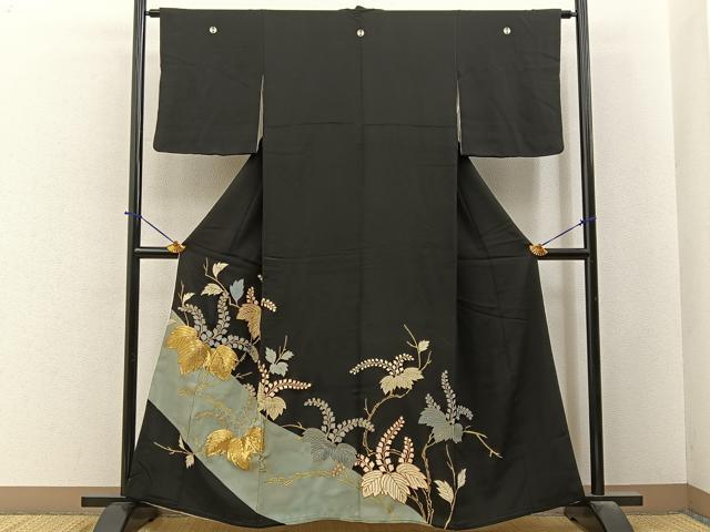 平和屋着物■豪華黒留袖 駒刺繍 桐 金彩 正絹 逸品 BAAY6385hj
