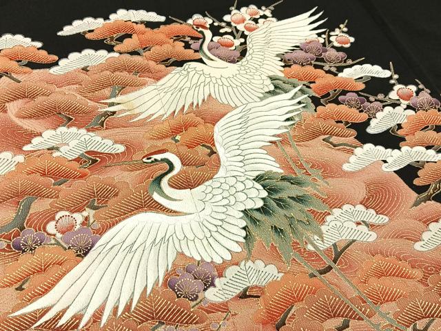 平和屋着物■豪華黒留袖 刺繍 浜松飛鶴文 金彩 正絹 逸品 BAAY6386hj