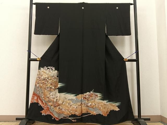 平和屋着物■豪華黒留袖 飛鶴文箱花文 暈し染め 金銀彩 正絹 逸品 BAAY6387hj