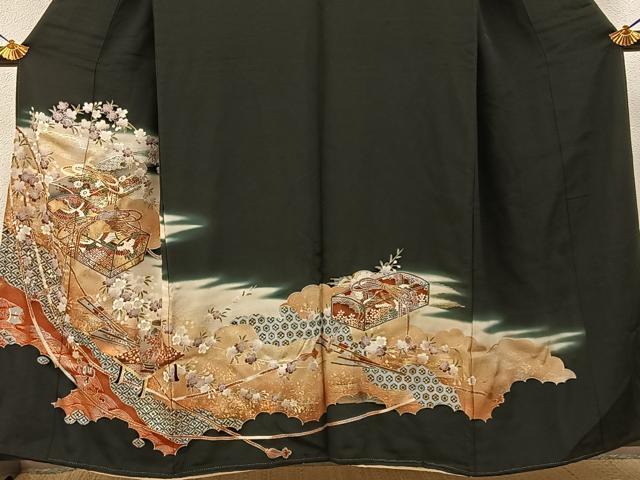 平和屋着物■豪華黒留袖 飛鶴文箱花文 暈し染め 金銀彩 正絹 逸品 BAAY6387hj
