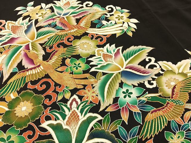 平和屋着物■豪華黒留袖 駒刺繍 更紗花鳥文 金彩 正絹 逸品 BAAY6388hj