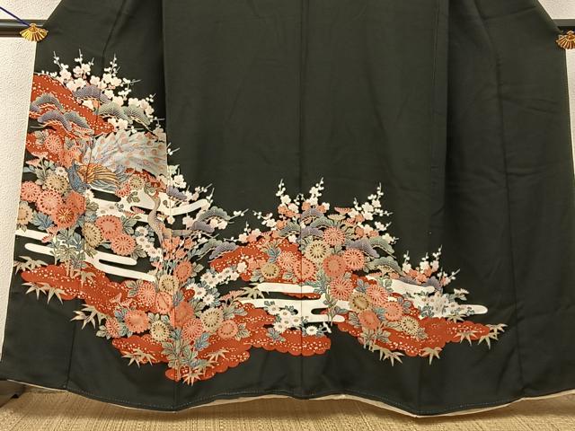 平和屋着物■豪華黒留袖 駒刺繍 孔雀花文 金彩 正絹 逸品 BAAY6390hj