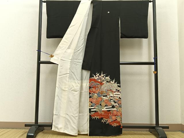 平和屋着物■豪華黒留袖 駒刺繍 孔雀花文 金彩 正絹 逸品 BAAY6390hj