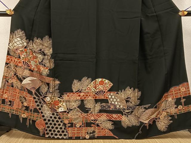 平和屋着物■豪華黒留袖 扇面吉祥花文 金銀彩 正絹 逸品 BAAY6391hj