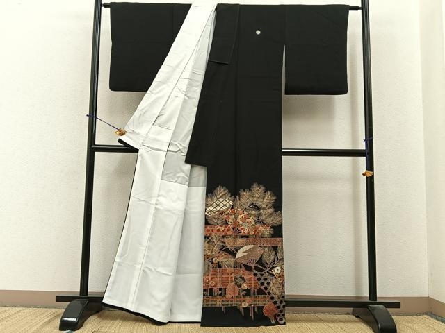 平和屋着物■豪華黒留袖 扇面吉祥花文 金銀彩 正絹 逸品 BAAY6391hj