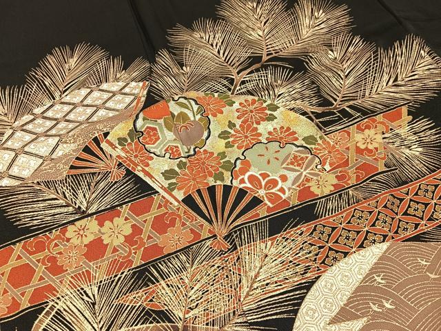 平和屋着物■豪華黒留袖 扇面吉祥花文 金銀彩 正絹 逸品 BAAY6391hj