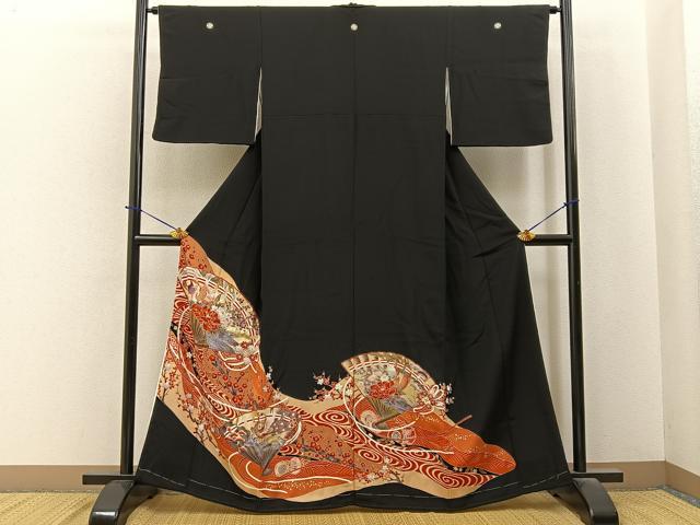 平和屋着物■豪華黒留袖 駒刺繍 檜扇花鳥文 金彩 正絹 逸品 未使用 BAAY6393hj