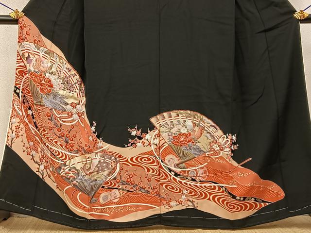 平和屋着物■豪華黒留袖 駒刺繍 檜扇花鳥文 金彩 正絹 逸品 未使用 BAAY6393hj