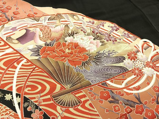 平和屋着物■豪華黒留袖 駒刺繍 檜扇花鳥文 金彩 正絹 逸品 未使用 BAAY6393hj