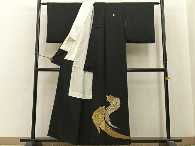 平和屋着物■豪華黒留袖 総刺繍 蓑亀 金銀糸 正絹 逸品 BAAY6408hj
