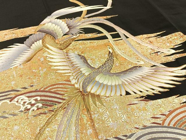 平和屋着物■豪華黒留袖 駒刺繍 鳳凰浜松花文 金銀彩 正絹 逸品 BAAY6452hj