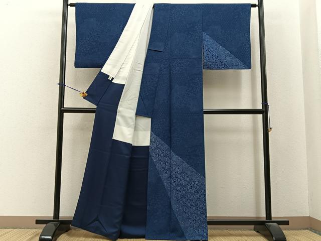 平和屋着物■訪問着 作家物 藍 型染め 吉祥花文 まるやま扱い 正絹 逸品 BAAY6456hj