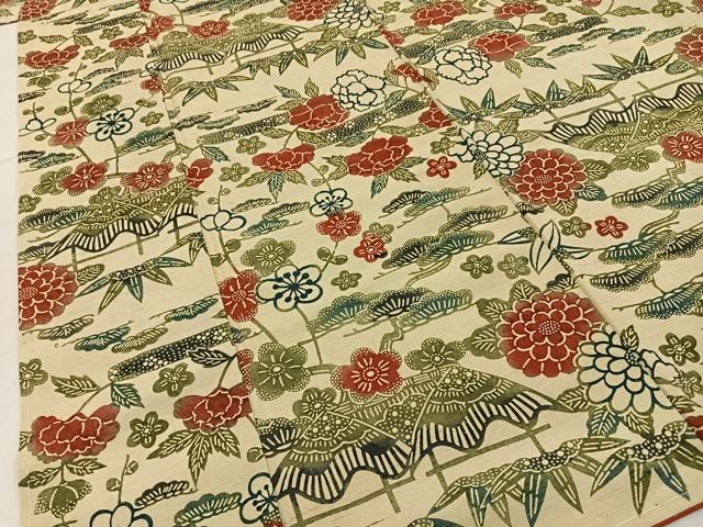 平和屋着物■本場手織紬 薬草染 松竹梅 風景花文 証紙付き 正絹 逸品 未使用 BAAY6459hj