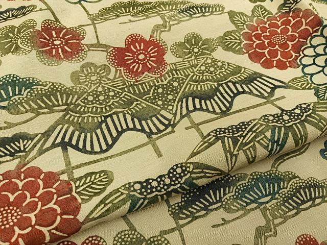 平和屋着物■本場手織紬 薬草染 松竹梅 風景花文 証紙付き 正絹 逸品 未使用 BAAY6459hj