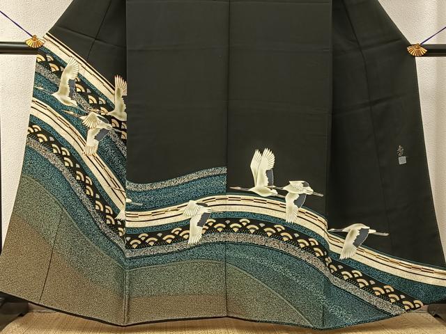 平和屋着物■豪華黒留袖 駒刺繍 飛鶴文 金彩 正絹 逸品 BAAY6462hj