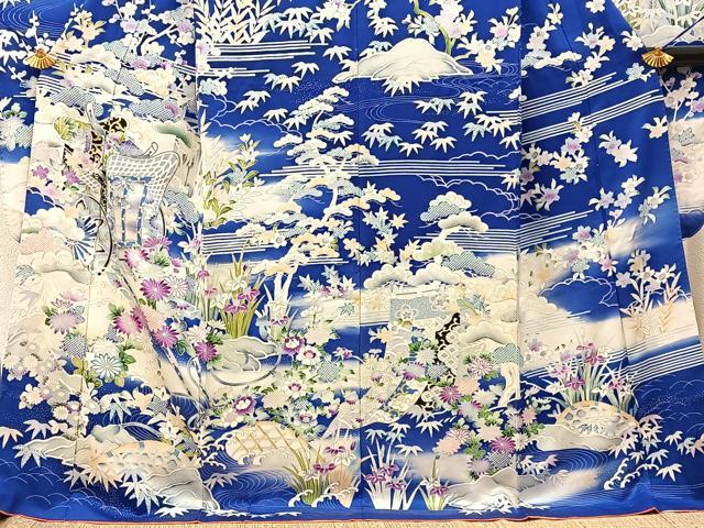 平和屋着物■豪華振袖 駒刺繍 御所車花文 正絹 逸品 BAAY6468hj