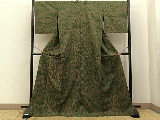 平和屋着物■上質な紬 胴抜き仕立て 風景文 ロング丈 正絹 逸品 BAAY6469hj