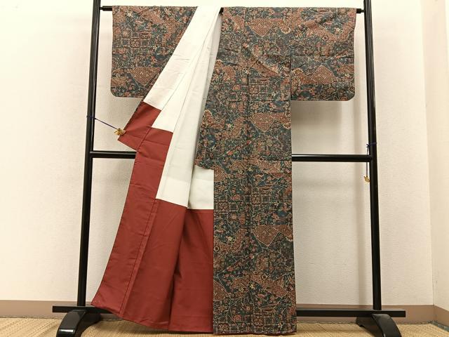 平和屋着物■上質な小紋 紬地 更紗花鳥文 正絹 逸品 未使用 BAAY6470hj