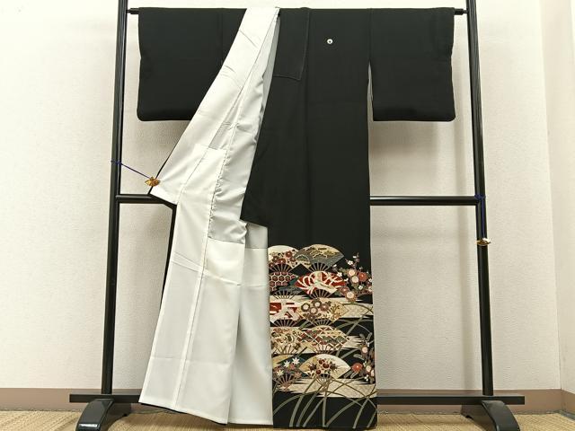 平和屋着物■豪華黒留袖 駒刺繍 鳳凰扇面花文 金銀彩 正絹 逸品 BAAY6472hj