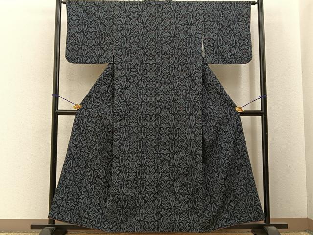 平和屋着物■本塩沢 草花文 濃紺地 正絹 逸品 BAAY6483hj