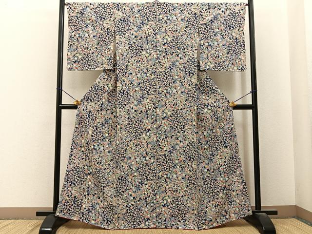 平和屋着物■上質な小紋 御所解宝尽くし花文 濃紺地 正絹 逸品 未使用 BAAY6499hj