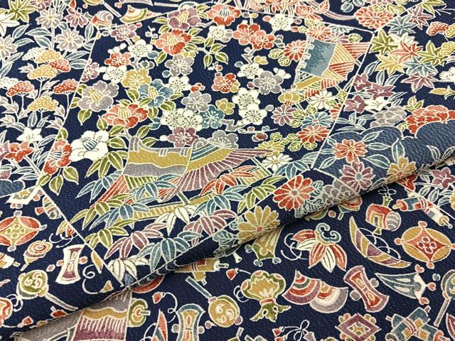 平和屋着物■上質な小紋 御所解宝尽くし花文 濃紺地 正絹 逸品 未使用 BAAY6499hj