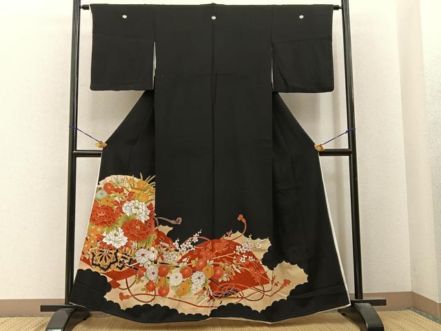 平和屋着物■豪華黒留袖 駒刺繍 花車文 金彩 正絹 逸品 BAAY6524hj