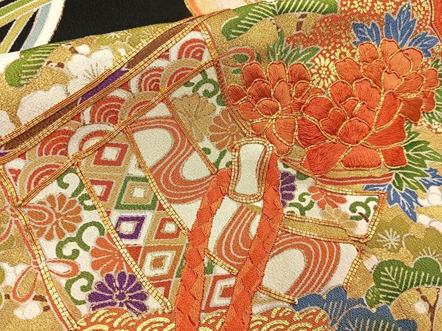 平和屋着物■豪華黒留袖 駒刺繍 鏡裏几帳花文 金彩 正絹 逸品 BAAY6547hj